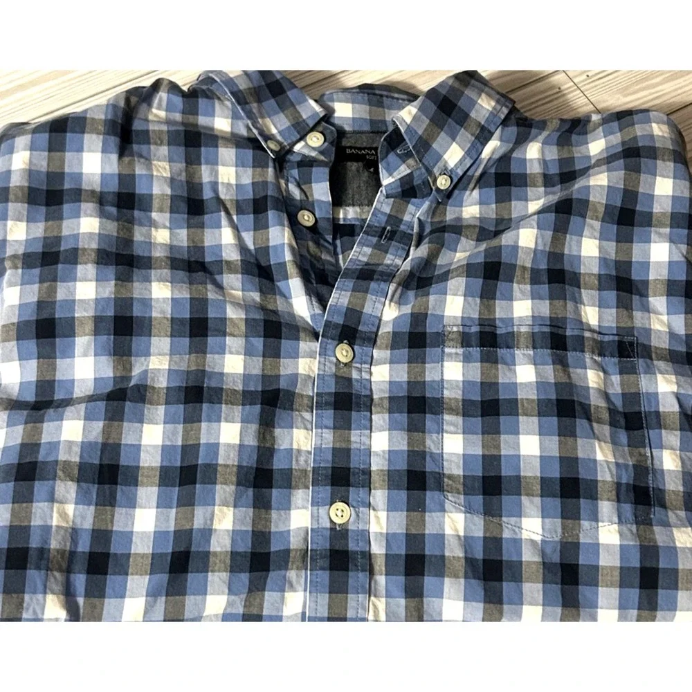 Men's Banana Republic Long Sleeve Blue Checkered dress polo collar Shirt Size XL
